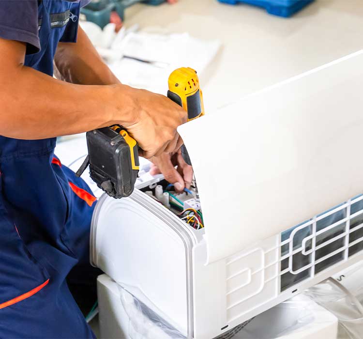 Air conditioning technicians install new air conditioners in homes, Repairman fix air conditioning systems, Male technician service for repair and maintenance of air conditioners